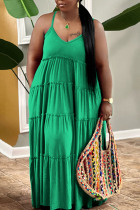 Green Casual Solid Patchwork Pearl Spaghetti Strap Sling Dress Plus Size Dresses