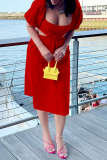 Red Fashion Solid Hollowed Out Square Collar Cake Skirt Dresses