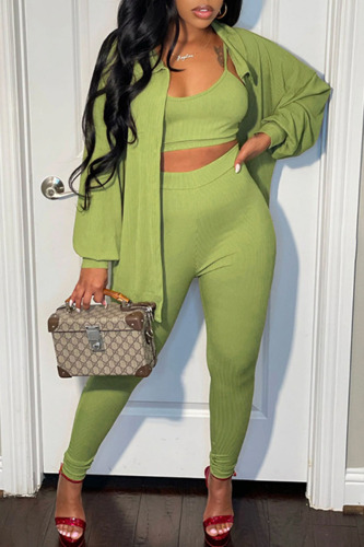 Green Casual Solid Patchwork Buckle Turndown Collar Long Sleeve Three Pieces