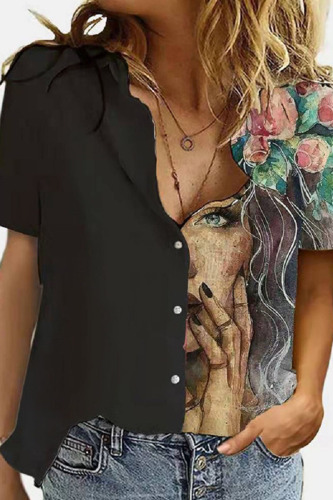 Black Fashion Casual Print Patchwork Turndown Collar Tops
