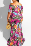 Rose Red Casual Print Patchwork Off the Shoulder Straight Plus Size Dresses