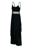 Black Casual Solid Patchwork Asymmetrical Spaghetti Strap Sleeveless Two Pieces