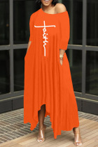 Orange Fashion Casual Print Basic Oblique Collar Irregular Dress