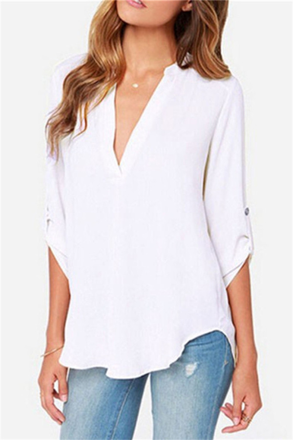 White Fashion Casual Solid Basic V Neck Tops