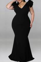 Black Sexy Solid Patchwork V Neck Evening Dress Plus Size Dresses