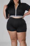 Black Casual Solid Patchwork Zipper Plus Size Two Pieces