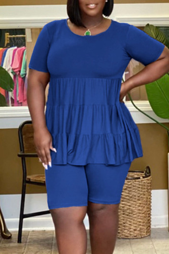 Blue Casual Solid Patchwork Fold O Neck Plus Size Two Pieces