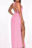 Pink Sexy Print Bandage Patchwork Backless Slit O Neck Straight Jumpsuits