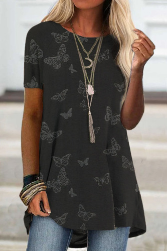 Black Fashion Casual Print Basic O Neck T-Shirts