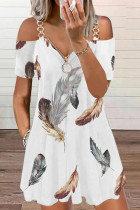 White Fashion Casual Print Patchwork Off the Shoulder Dresses