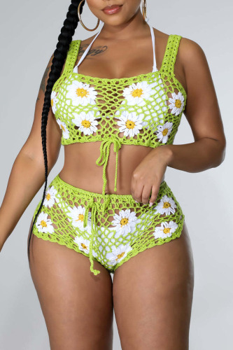Green Sexy Solid Embroidered Bandage Hollowed Out Patchwork Two Pieces