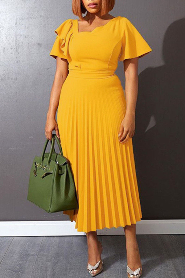 Yellow Elegant Solid Patchwork Fold Asymmetrical Collar A Line Dresses