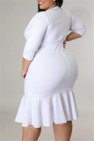 White Fashion Casual Solid Bandage Patchwork V Neck Wrapped Skirt Plus Size Dresses