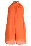 Tangerine Sexy Solid Patchwork Backless Halter Plus Size Jumpsuits