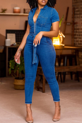 The cowboy blue Fashion Casual Solid Patchwork Turndown Collar Short Sleeve Skinny Denim Jumpsuits