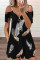Black Fashion Casual Print Patchwork Off the Shoulder Dresses