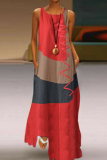 Red Fashion Casual Print Basic O Neck Long Dress