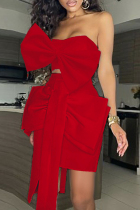Red Fashion Sexy Solid Patchwork Backless With Bow Strapless Sleeveless Two Pieces
