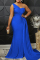 Blue Fashion Sexy Solid Patchwork Backless Slit One Shoulder Evening Dress