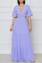 Purple Elegant Solid Hollowed Out Patchwork V Neck Straight Dresses