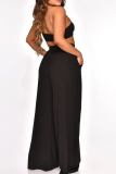 Black Sexy Casual Solid Hollowed Out One Shoulder Sleeveless Two Pieces