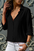 Black Fashion Casual Solid Patchwork Turndown Collar Tops