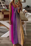 Purple Sexy Casual Gradual Change Print Backless Spaghetti Strap Long Dress