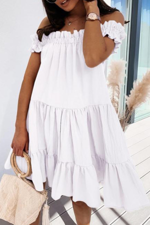 White Fashion Casual Solid Backless Off the Shoulder Short Sleeve Dress