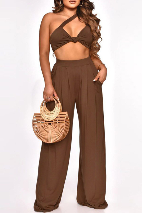 Brown Sexy Casual Solid Hollowed Out One Shoulder Sleeveless Two Pieces