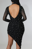 Black Sexy Patchwork Hot Drilling Backless Beading Asymmetrical Half A Turtleneck Long Sleeve Dresses