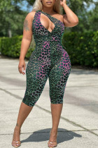 Green Sexy Print Leopard Hollowed Out Patchwork Oblique Collar Regular Jumpsuits