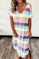 Multicolor Fashion Casual Striped Print Basic V Neck Short Sleeve Dress
