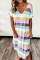 Multicolor Fashion Casual Striped Print Basic V Neck Short Sleeve Dress