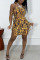 Gold Sexy Print Leopard Bandage Hollowed Out Patchwork Spaghetti Strap Sling Dress Dresses