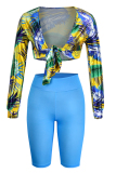 Blue Fashion Casual Print Bandage V Neck Long Sleeve Two Pieces