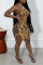 Gold Sexy Print Leopard Bandage Hollowed Out Patchwork Spaghetti Strap Sling Dress Dresses