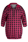 Rose Red Casual Plaid Print Zipper Collar Straight Plus Size Dresses