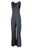 Coffee Fashion Casual Solid Basic V Neck Regular Jumpsuits