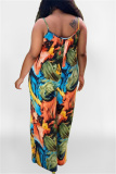 Yellow Sexy Casual Print Backless Spaghetti Strap Plus Size Jumpsuits
