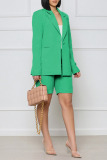 Green Casual Solid Patchwork Buttons Turn-back Collar Long Sleeve Two Pieces