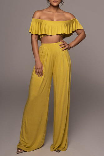 Yellow Casual Solid Patchwork Off the Shoulder Two Pieces