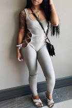 Grey Sexy Solid Hollowed Out Patchwork U Neck Regular Jumpsuits