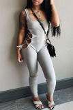 Grey Sexy Solid Hollowed Out Patchwork U Neck Regular Jumpsuits
