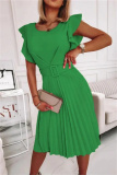 Green Fashion Casual Solid Patchwork O Neck Pleated Dresses