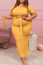 Yellow Casual Solid Bandage Patchwork Slit O Neck Plus Size Two Pieces