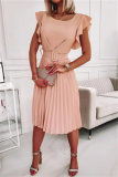 Pink Fashion Casual Solid Patchwork O Neck Pleated Dresses