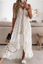 White Sexy Casual Solid Patchwork Backless V Neck Sling Dress