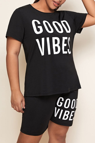 Black Casual Print Patchwork O Neck Plus Size Two Pieces
