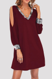 Black Fashion Casual Patchwork Hollowed Out Sequins V Neck Long Sleeve Dresses