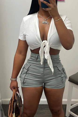 Grey Sexy Solid Patchwork Pocket Knotted V Neck Short Sleeve Two Pieces